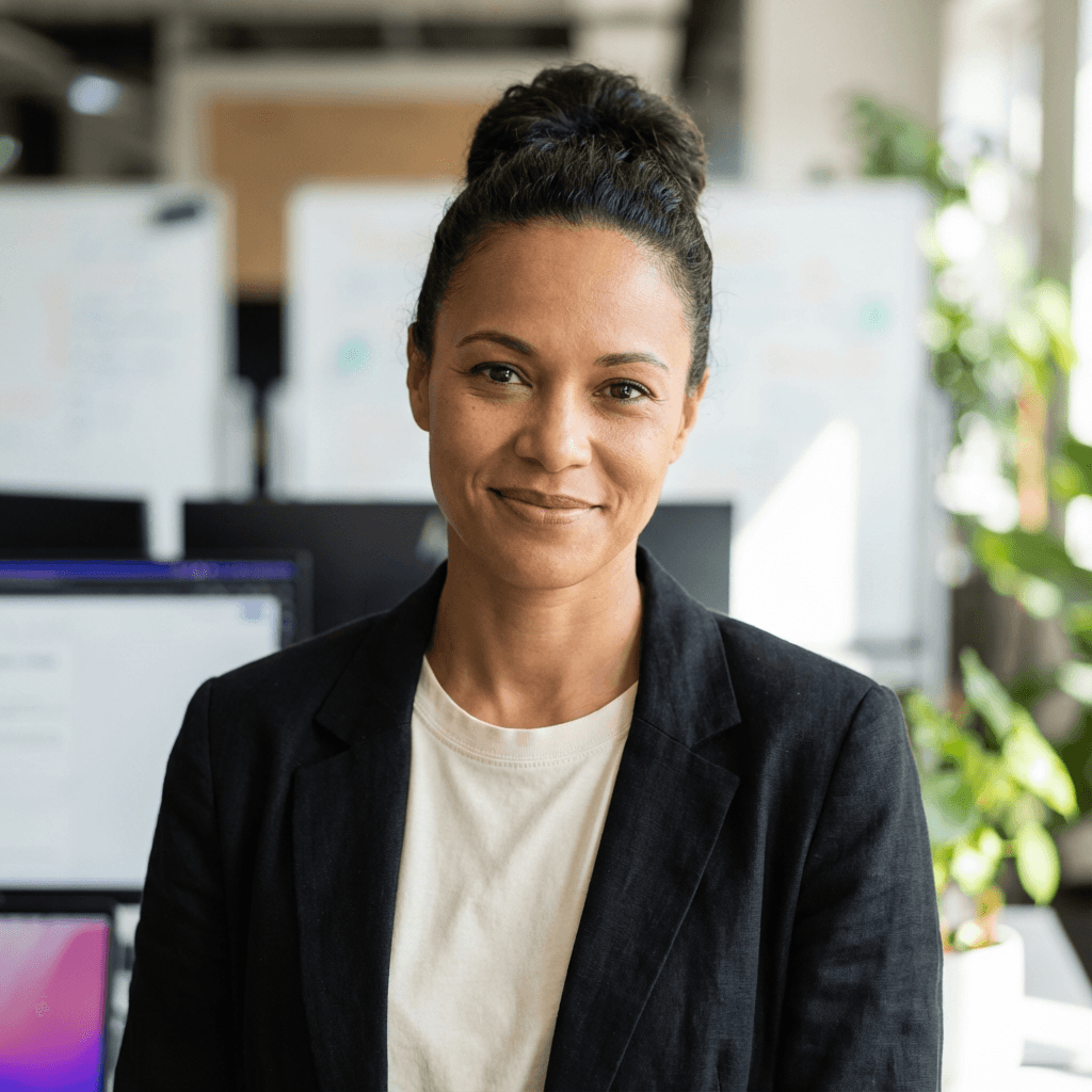 Professional woman in business attire, confident expression