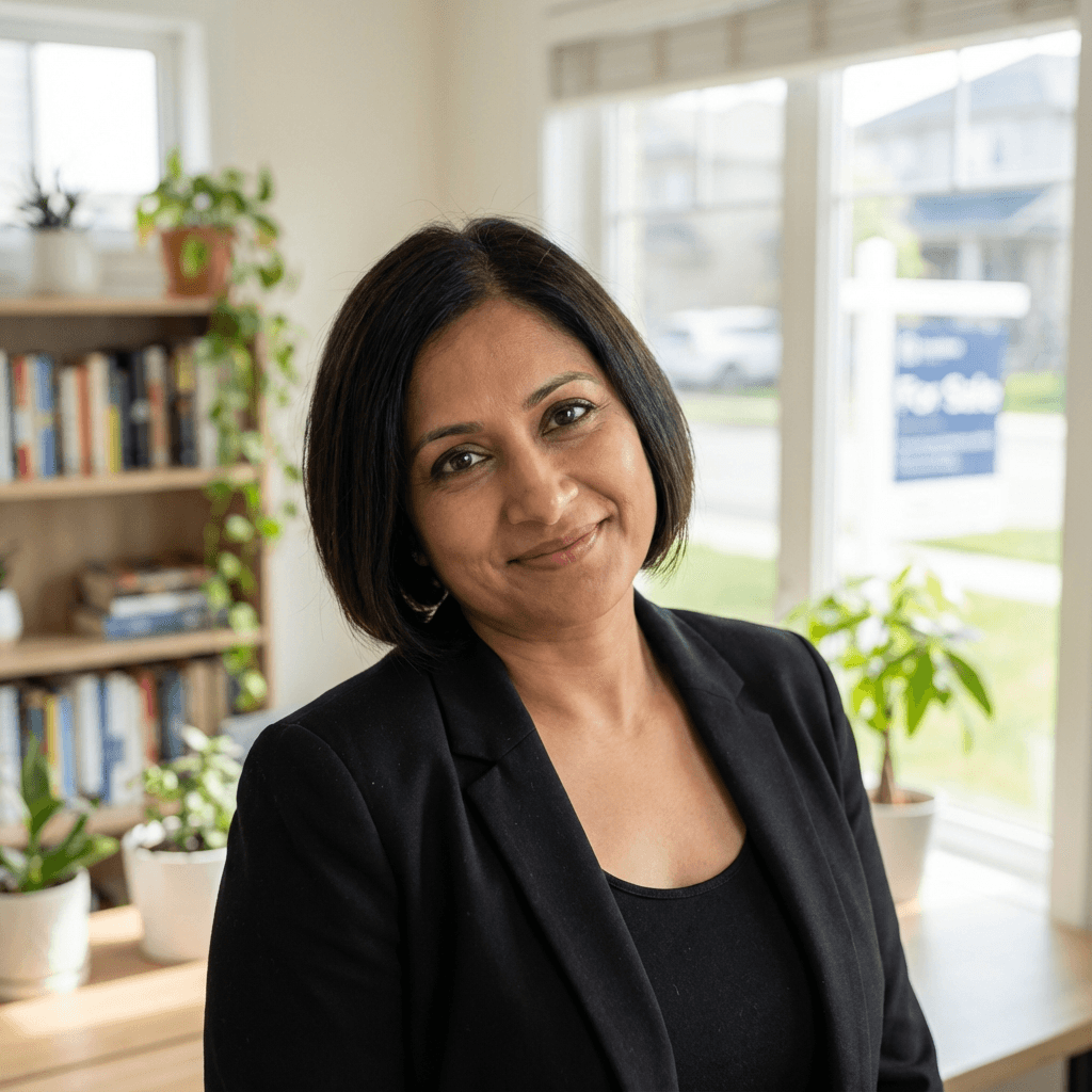 Professional woman with composed expression in office setting