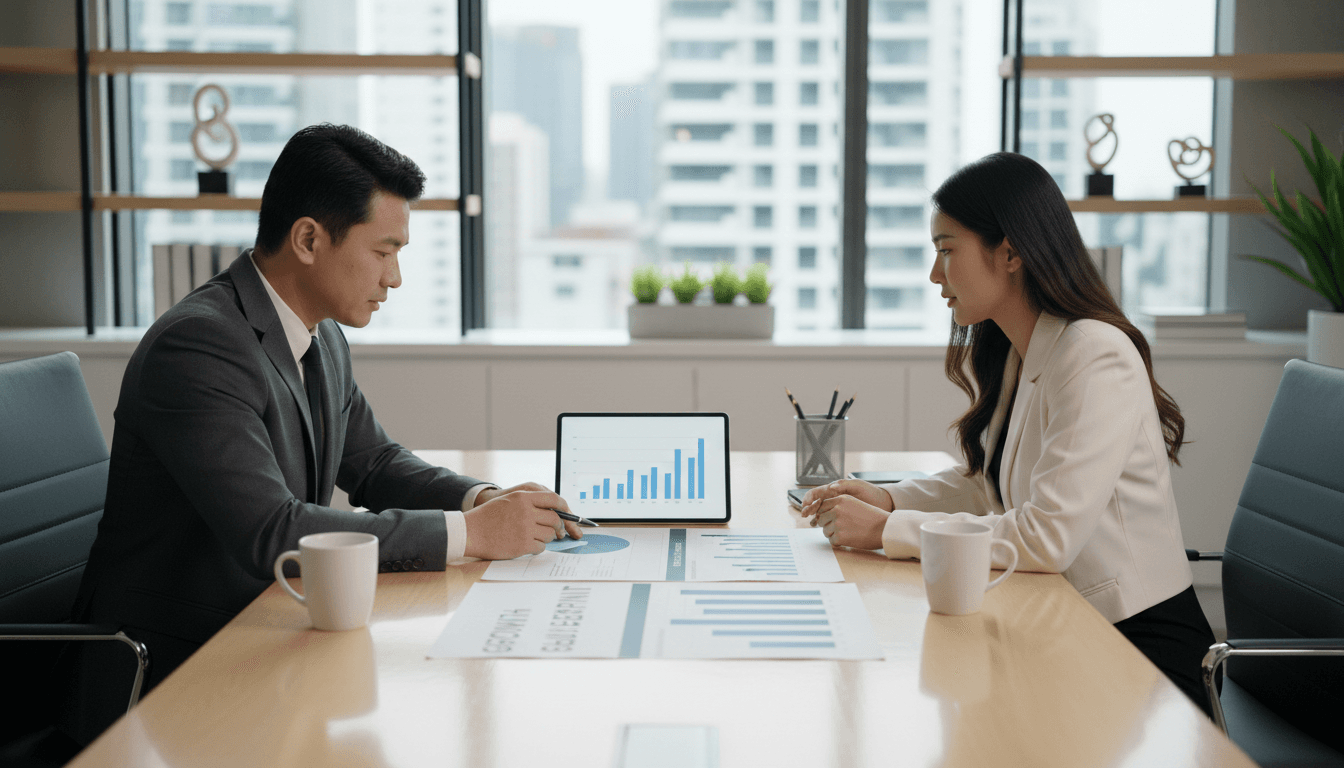 Business consultant in professional meeting with client at modern office desk discussing strategy documents