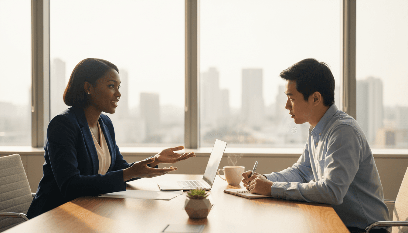 Personal mentor coaching a business professional in a modern office setting